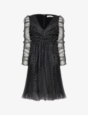 Zimmermann Dot Ruched Tulle Dress In Monochrome