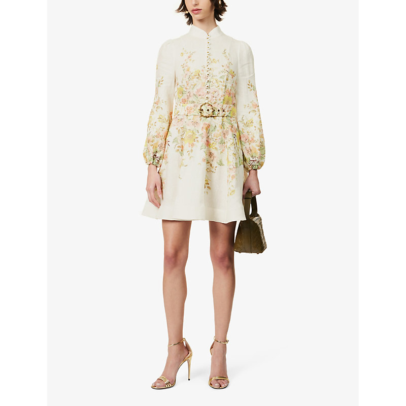 Shop Zimmermann Womens Ivory Coral Floral Floral-print Puffed-sleeve Linen Mini Dress