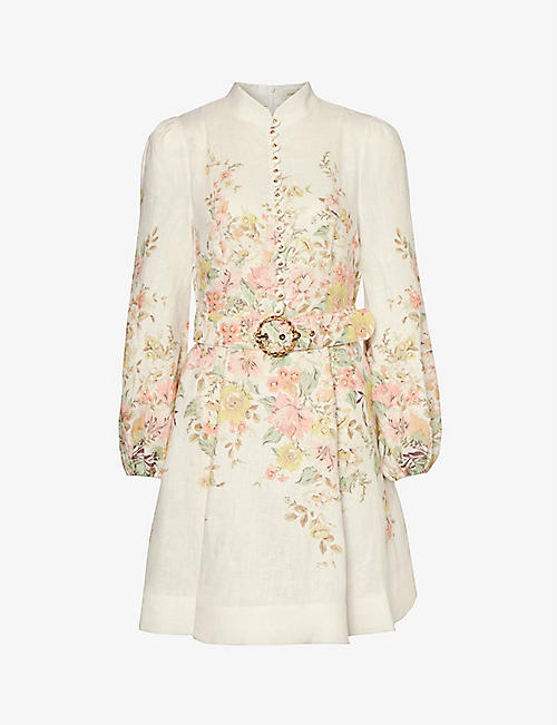ZIMMERMANN: Floral-print puffed-sleeve linen mini dress