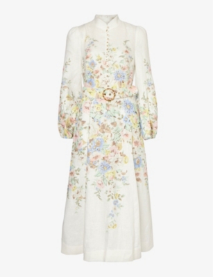 ZIMMERMANN ZIMMERMANN WOMENS CREAM BLUE FLORAL FLORAL-PRINT PUFFED-SLEEVE LINEN MIDI DRESS