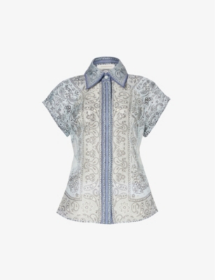 ZIMMERMANN ZIMMERMANN WOMEN'S BLUE BANDANA FLORAL-PATTERN LINEN AND SILK-BLEND SHIRT