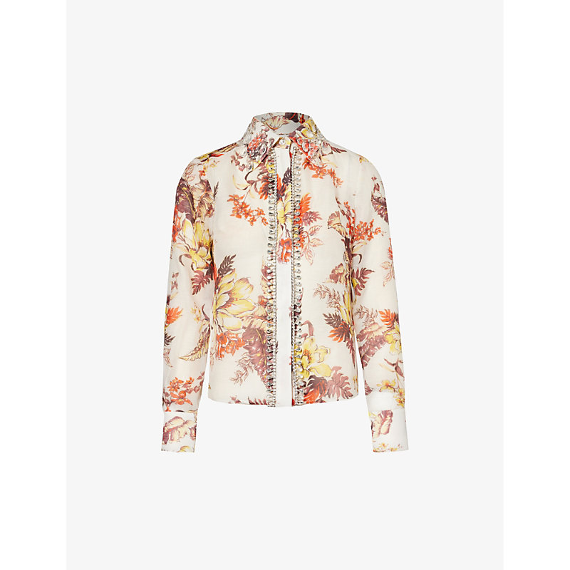 Shop Zimmermann Womens Ivory Tropical Floral Matchmaker Floral-print Linen And Silk-blend Shirt
