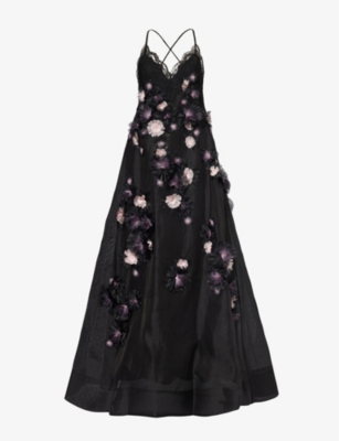 Zimmermann Womens Black Pink Daisy Floral-embellished Linen And Silk-blend Maxi Dress