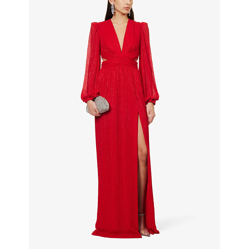 Shop Rebecca Vallance Samantha Metallic-finish V-neck Recycled Polyester Gown In Red
