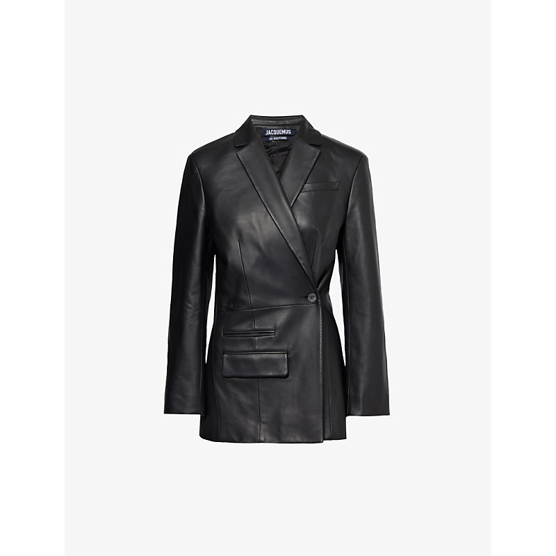 Shop Jacquemus La Veste Asymmetric Leather Blazer In Black