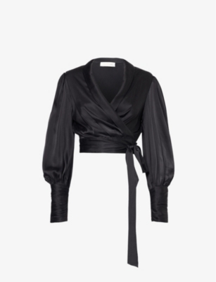 Zimmermann Silk Blouson-sleeve Wrap Top In Black
