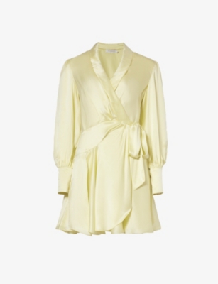 Zimmermann Womens Lemon Plunge-neck Wrap-over Silk Mini Dress