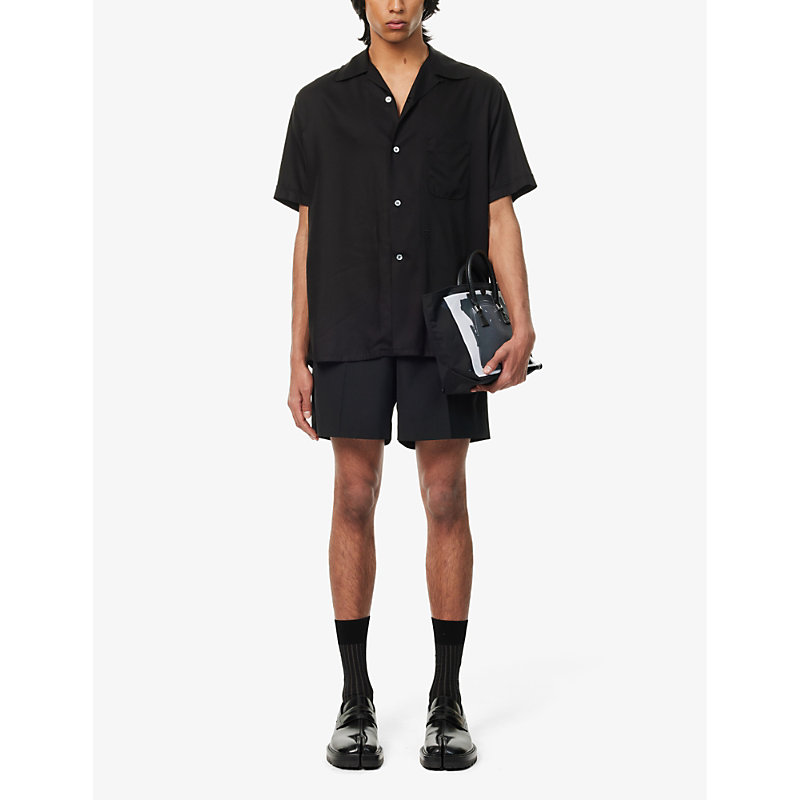 Shop Maison Margiela Mens Black Short-sleeve Brand-embroidered Relaxed-fit Woven-blend Shirt