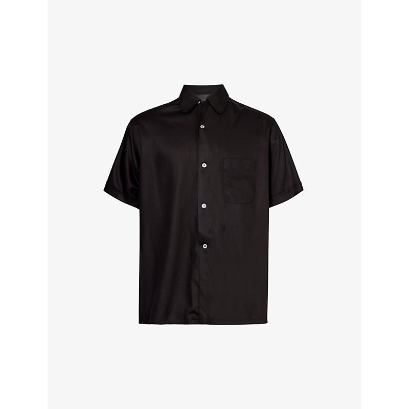 Shop Maison Margiela Short-sleeve Brand-embroidered Relaxed-fit Woven-blend Shirt In Black