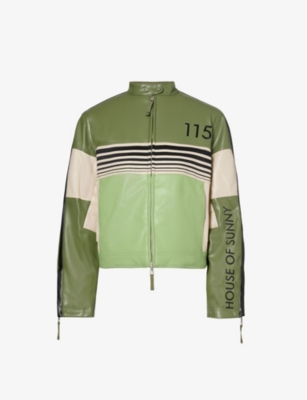 Shop House Of Sunny The Racer Branded Faux-leather Jacket In Moss