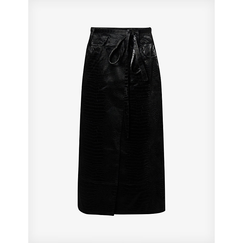Shop House Of Sunny Low Rider Croc-embossed Faux-leather Midi Skirt In Noir