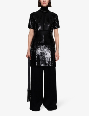 Shop Joseph Women's Black High-neck Sequin-embellished Wool-blend Mini Dress