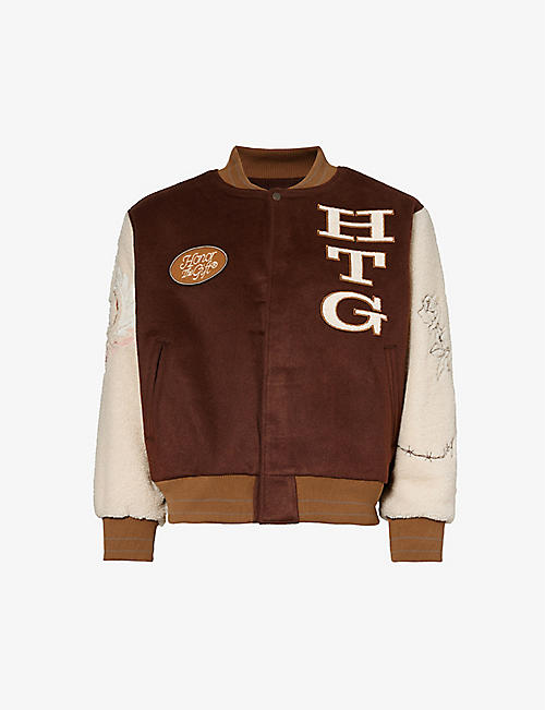 HONOR THE GIFT: Letterman brand-embroidered boxy-fit wool-blend jacket