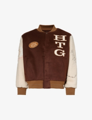 HONOR THE GIFT HONOR THE GIFT MEN'S BROWN LETTERMAN BRAND-EMBROIDERED BOXY-FIT WOOL-BLEND JACKET