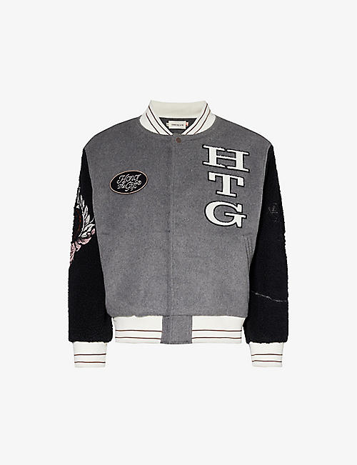 HONOR THE GIFT: Letterman brand-embroidered boxy-fit wool-blend jacket