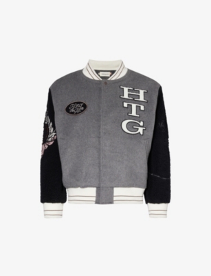 HONOR THE GIFT HONOR THE GIFT MEN'S GREY LETTERMAN BRAND-EMBROIDERED BOXY-FIT WOOL-BLEND JACKET