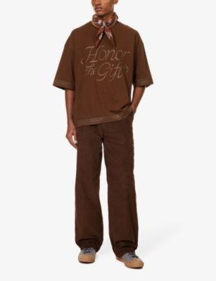 Shop Honor The Gift Men's Brown Brand-embroidered Cotton-corduroy Trousers