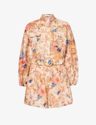 ZIMMERMANN: Floral-pattern belted linen playsuit