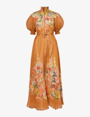 ZIMMERMANN ZIMMERMANN WOMEN'S TAN FLORAL ALIGHT FLORAL-PATTERN LINEN MAXI DRESS