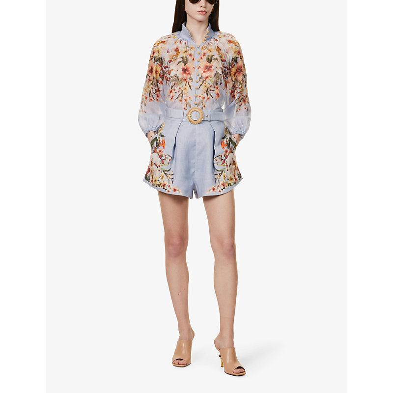 Shop Zimmermann Women's Blue Palm Lexi Floral-print Linen Shorts