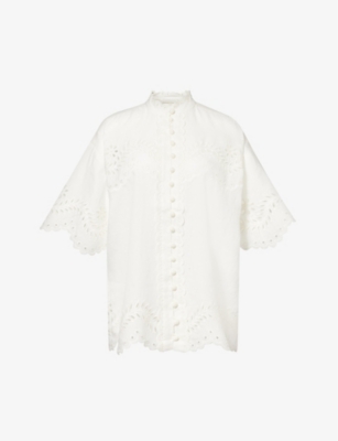 ZIMMERMANN: Scalloped-trim embroidered-panel linen shirt