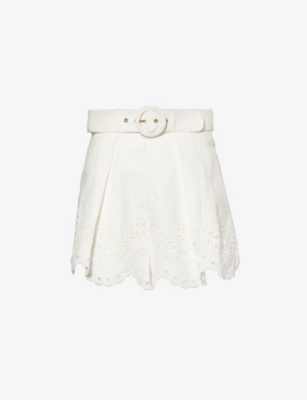 Shop Zimmermann Women's Ivory Scalloped-trim Embroidered-panel High-rise Linen Shorts