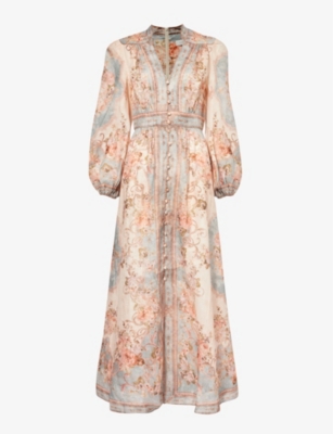 Zimmermann Womens Sky Blue Floral Floral-print Slim-fit Linen Maxi Dress