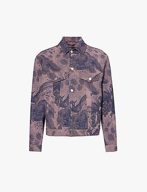 ETRO: Foliage-pattern contrast-stitching stretch-cotton jacket