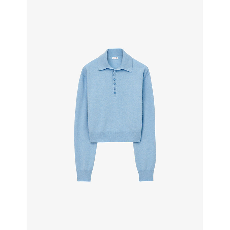 Loewe Womens Light Blue Cropped Polo-neck Cashmere Jumper