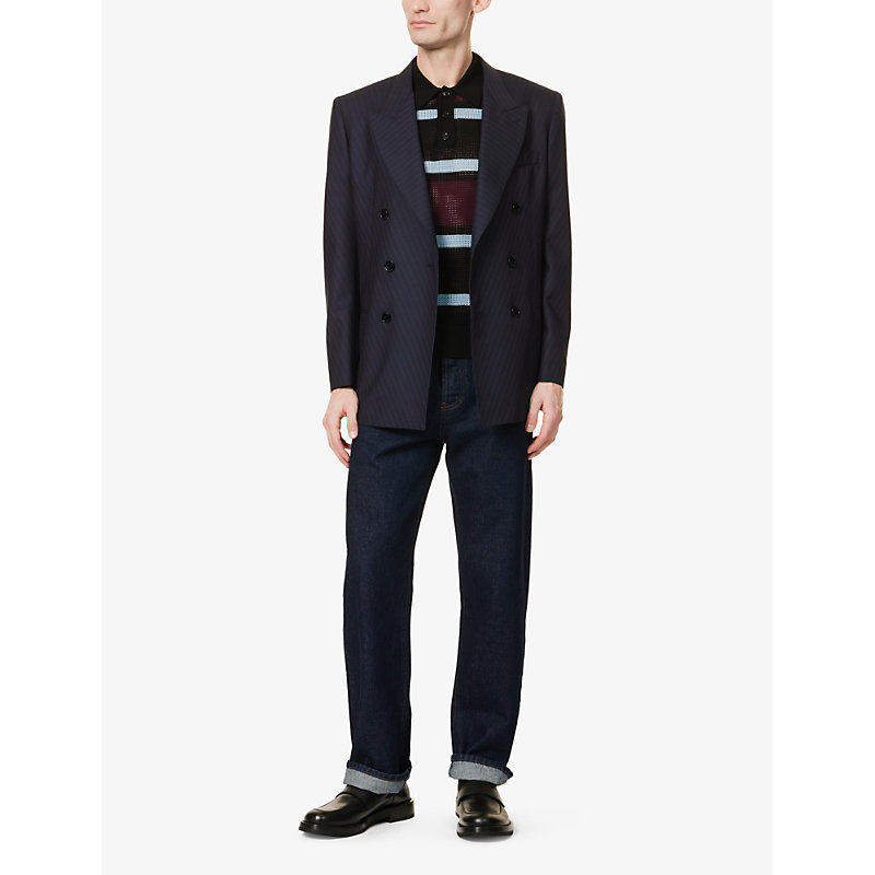 Shop Etro Mens Navy Striped Double-breasted Wool Blazer
