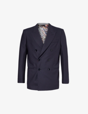 Etro Mens Navy Striped Double-breasted Wool Blazer