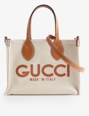 GUCCI: Logo-print leather-trim canvas tote