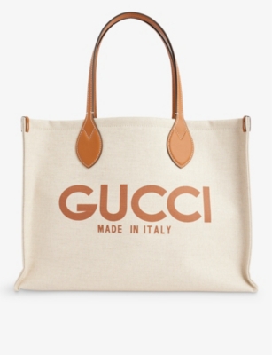 GUCCI: Logo-print leather-trim canvas tote