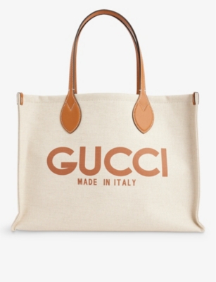 Gucci Logo-print Leather-trim Canvas Tote In Be.eb.greg.h.br/h.br