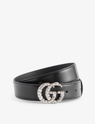 Gucci Womens Black Crystal Logo-buckle Leather Belt