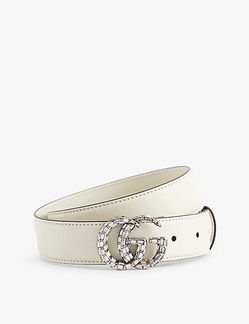 GUCCI: Crystal-embellished logo-buckle leather belt