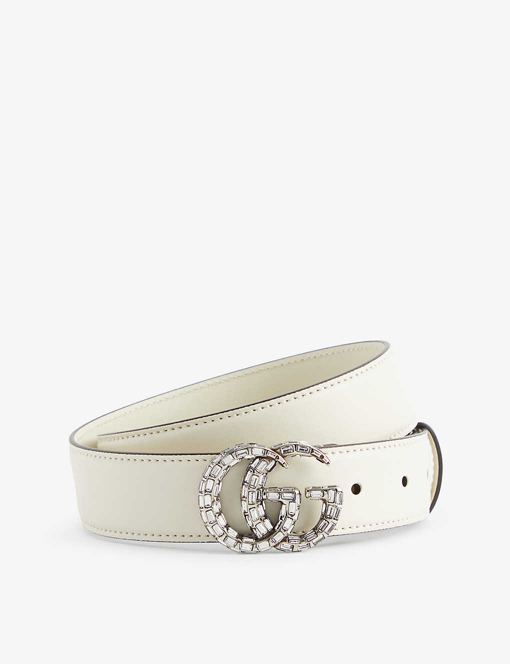 Shop Gucci Women's M.white/crystal Crystal-embellished Logo-buckle Leather Belt