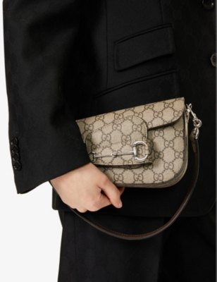 Shop Gucci Womens Beige Ebony 1955 Horsebit Canvas Shoulder Bag