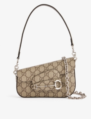 Gucci Womens Beige Ebony 1955 Horsebit Canvas Shoulder Bag