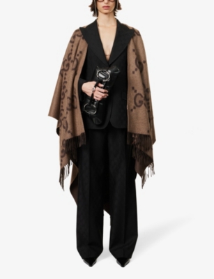 Gucci Womens  Double G-intarsia Oversized Cashmere Poncho In Beige/dark Brown