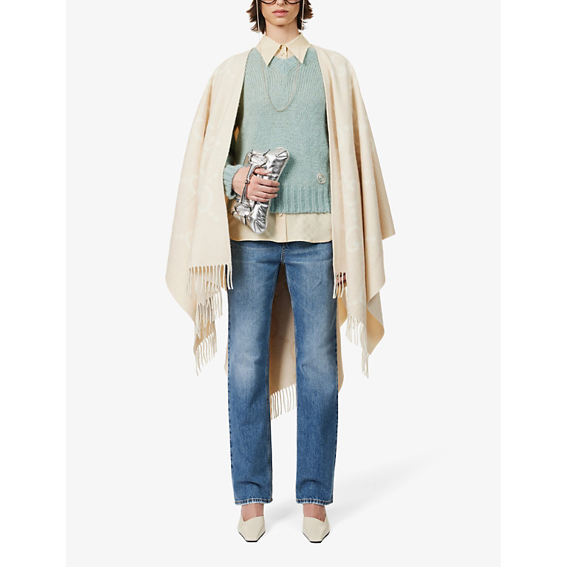 Shop Gucci Womens Camel/white Monogram-pattern Fringed-trim Cashmere Cape