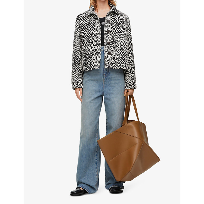 Shop Loewe Workwear Abstract-pattern Regular-fit Wool And Leather Jacket In Black/white