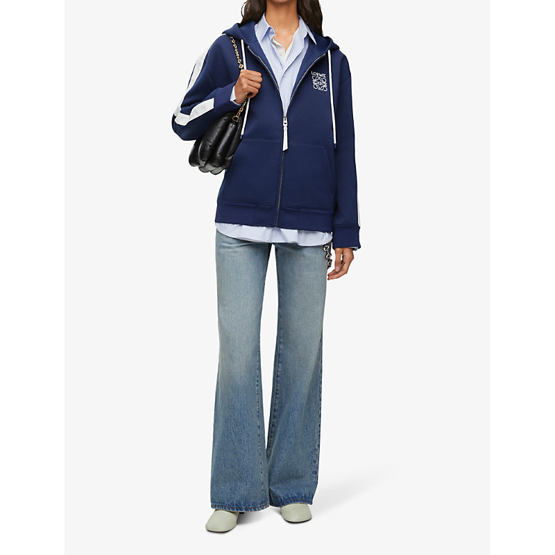 Shop Loewe Brand-embroidered Striped-trim Woven Hoody In Marine