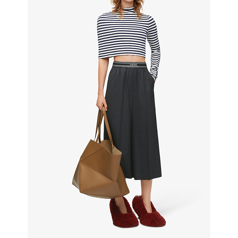 Shop Loewe Branded-waistband Wide-leg High-rise Wool-blend Trousers In Anthracite Melange