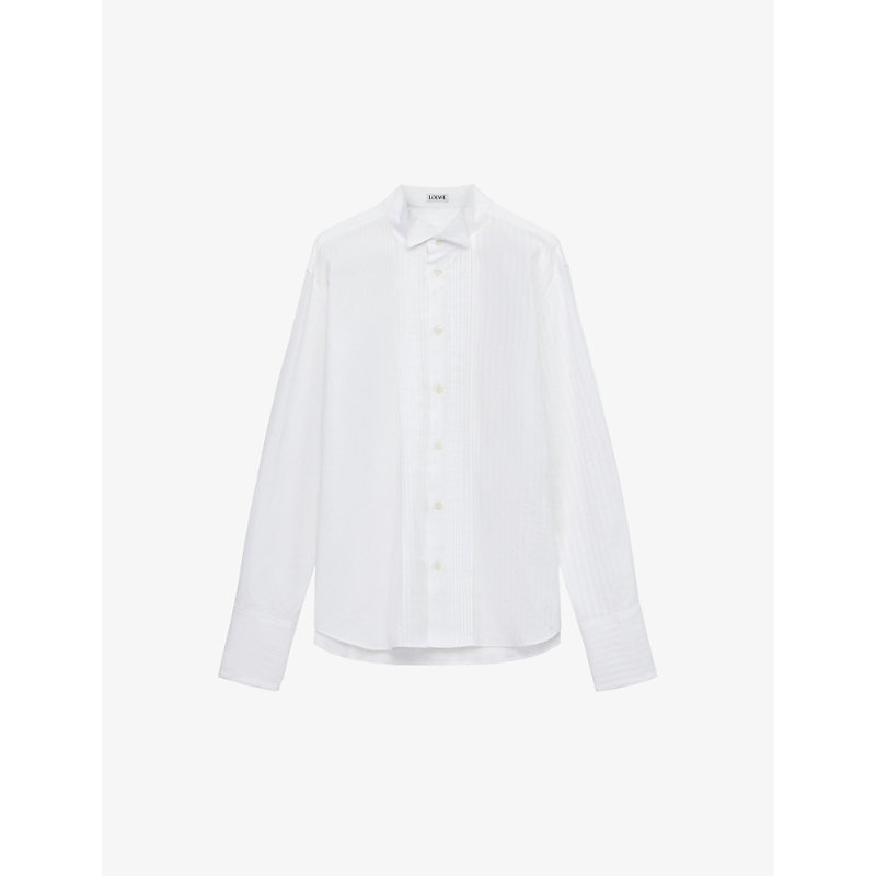 Shop Loewe Pleated Classic-collar Regular-fit Cotton-blend Shirt In Optic White