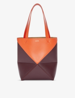 Loewe Puzzle Fold Mini Leather Tote Bag In Orange/burgundy