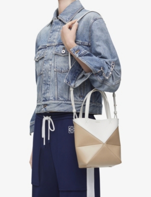 Shop Loewe Puzzle Fold Mini Leather Tote Bag In White/pap Craft