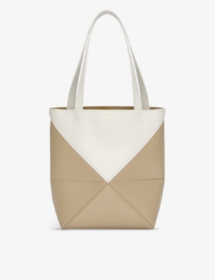 Loewe Puzzle Fold Mini Leather Tote Bag In White/pap Craft