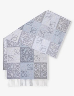 Loewe Womens  Anagram Branded-print Wool And Cashmere-blend Scarf In Blue/white