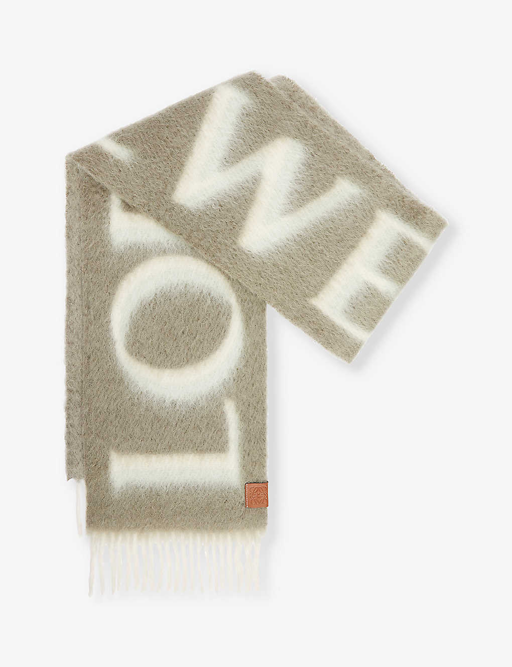 Loewe Womens Green Anagram-patch Logo Wool And Mohair-blend Scarf In Khaki Green/white